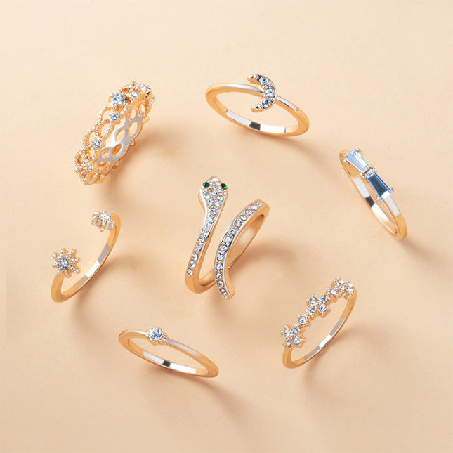 Juego De Anillos Con Diseño De Estrella Y Luna Con Diamantes De Aleación Chapado En Oro 14K