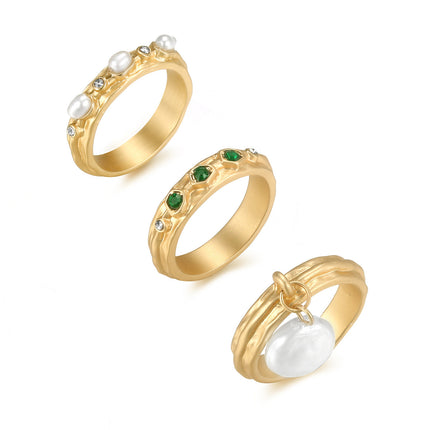 Juego De Anillo Con Diseño Elegante De Apilables Con Perlas De Aleación De Zinc Chapado En Oro 14K