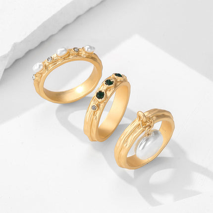 Juego De Anillo Con Diseño Elegante De Apilables Con Perlas De Aleación De Zinc Chapado En Oro 14K