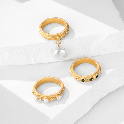 Juego De Anillo Con Diseño Elegante De Apilables Con Perlas De Aleación De Zinc Chapado En Oro 14K