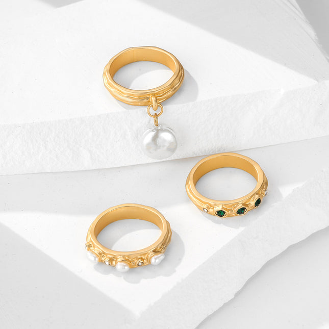 Juego De Anillo Con Diseño Elegante De Apilables Con Perlas De Aleación De Zinc Chapado En Oro 14K