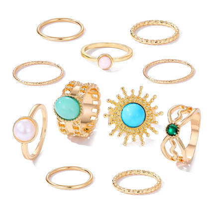 Juego De Anillos Con Diseño De Turquesa Abierto De Hoja De Aleación Chapado En Oro 14K