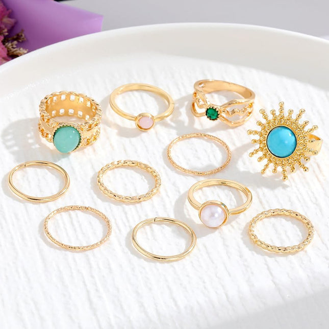 Juego De Anillos Con Diseño De Turquesa Abierto De Hoja De Aleación Chapado En Oro 14K