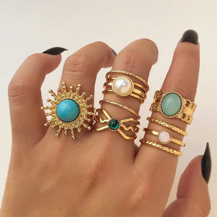 Juego De Anillos Con Diseño De Turquesa Abierto De Hoja De Aleación Chapado En Oro 14K