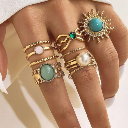 Juego De Anillos Con Diseño De Turquesa Abierto De Hoja De Aleación Chapado En Oro 14K