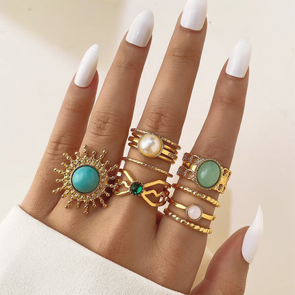 Juego De Anillos Con Diseño De Turquesa Abierto De Hoja De Aleación Chapado En Oro 14K