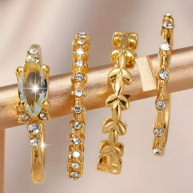 Juego De Anillos Con Diseño De Flor Diamantes  De Aleación Chapado En Oro 14K