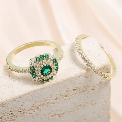 Juego De Anillo Con Diseño Zirconia Y Esmeralda De Cobre Chapado En Oro 14K