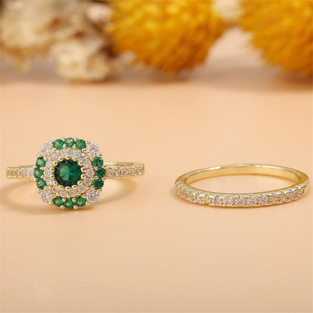Juego De Anillo Con Diseño Zirconia Y Esmeralda De Cobre Chapado En Oro 14K