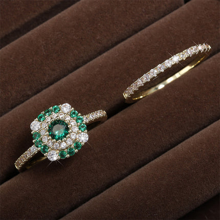 Juego De Anillo Con Diseño Zirconia Y Esmeralda De Cobre Chapado En Oro 14K