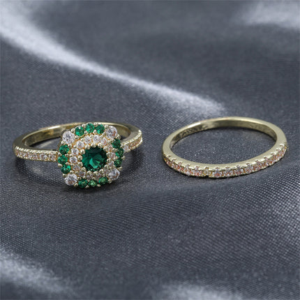 Juego De Anillo Con Diseño Zirconia Y Esmeralda De Cobre Chapado En Oro 14K