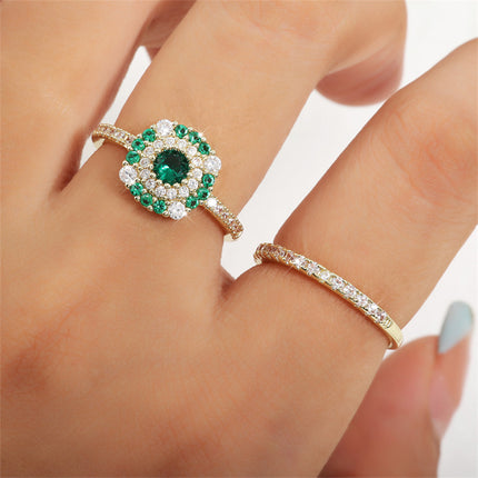 Juego De Anillo Con Diseño Zirconia Y Esmeralda De Cobre Chapado En Oro 14K