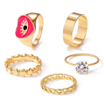 Juego De Anillos De Corazón Rosa Con Ojos Diseño Único Y Dulce De Aleación Chapado En Oro 14K