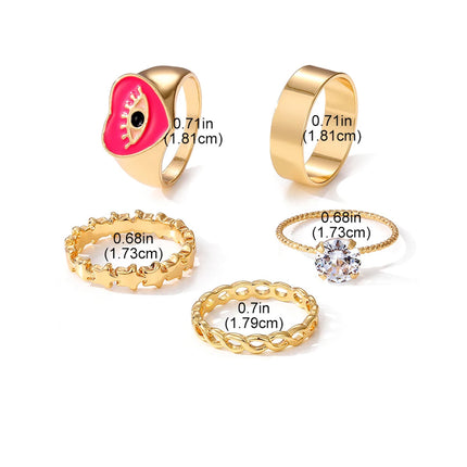 Juego De Anillos De Corazón Rosa Con Ojos Diseño Único Y Dulce De Aleación Chapado En Oro 14K