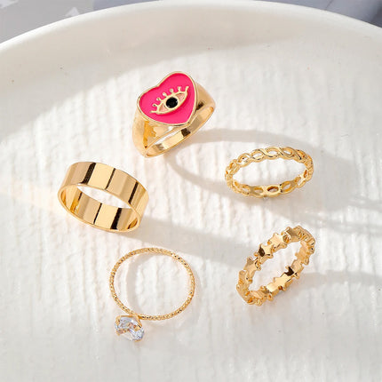 Juego De Anillos De Corazón Rosa Con Ojos Diseño Único Y Dulce De Aleación Chapado En Oro 14K