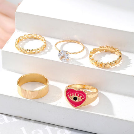 Juego De Anillos De Corazón Rosa Con Ojos Diseño Único Y Dulce De Aleación Chapado En Oro 14K