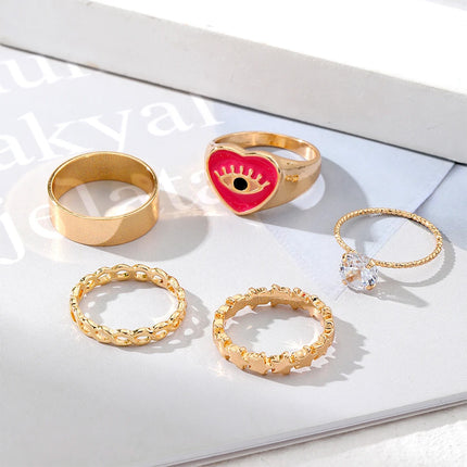 Juego De Anillos De Corazón Rosa Con Ojos Diseño Único Y Dulce De Aleación Chapado En Oro 14K