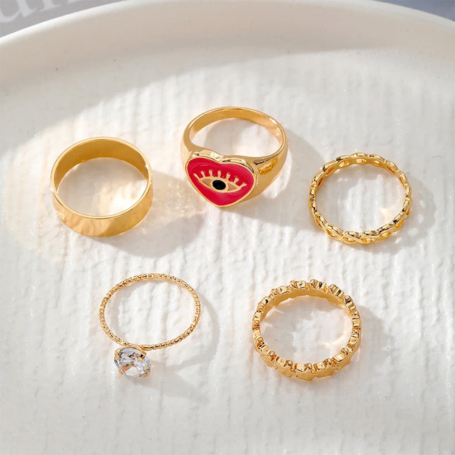 Juego De Anillos De Corazón Rosa Con Ojos Diseño Único Y Dulce De Aleación Chapado En Oro 14K