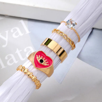 Juego De Anillos De Corazón Rosa Con Ojos Diseño Único Y Dulce De Aleación Chapado En Oro 14K