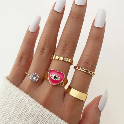 Juego De Anillos De Corazón Rosa Con Ojos Diseño Único Y Dulce De Aleación Chapado En Oro 14K