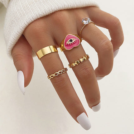 Juego De Anillos De Corazón Rosa Con Ojos Diseño Único Y Dulce De Aleación Chapado En Oro 14K