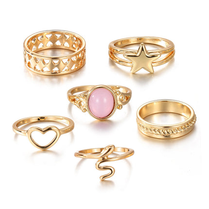 Juego De Anillos Con Diseño De Corazón Y Estrella De Aleación Chapado En Oro 14K