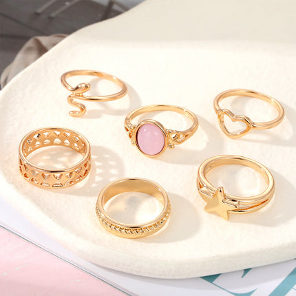 Juego De Anillos Con Diseño De Corazón Y Estrella De Aleación Chapado En Oro 14K
