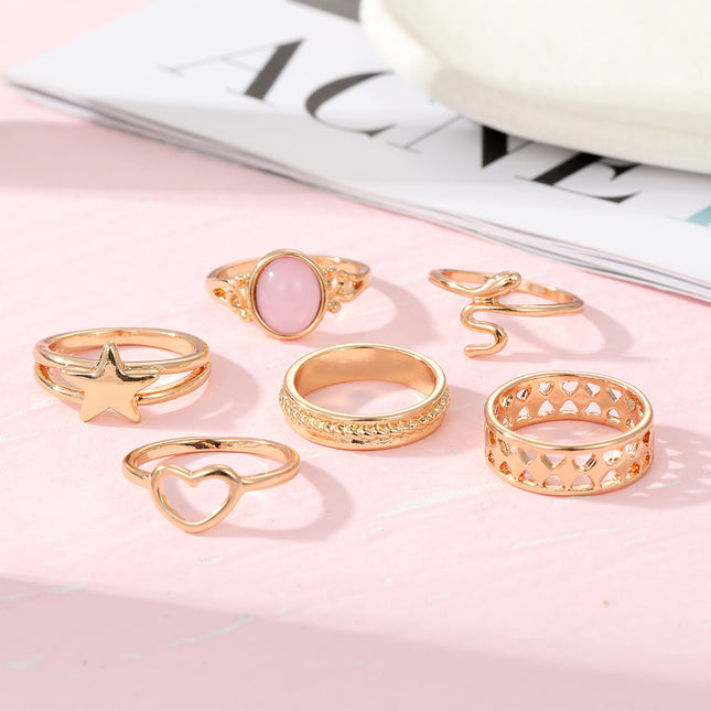 Juego De Anillos Con Diseño De Corazón Y Estrella De Aleación Chapado En Oro 14K