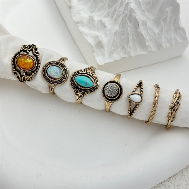 Juego De Anillos Con Diseño De Gemas De Colores De Aleación Chapado En Oro 14K