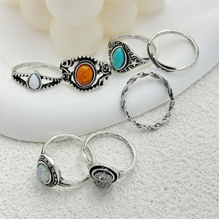 Juego De Anillos Con Diseño De Gemas De Colores De Aleación Chapado En Oro 14K