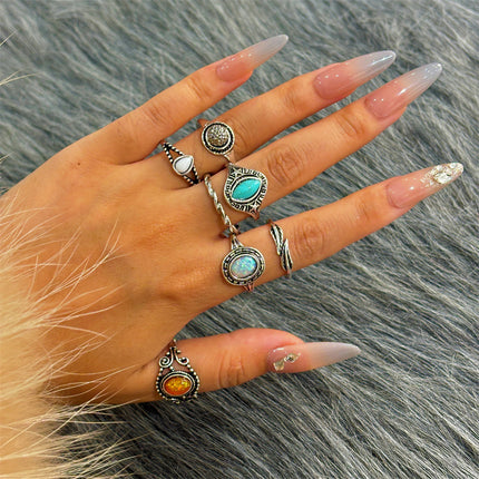 Juego De Anillos Con Diseño De Gemas De Colores De Aleación Chapado En Oro 14K
