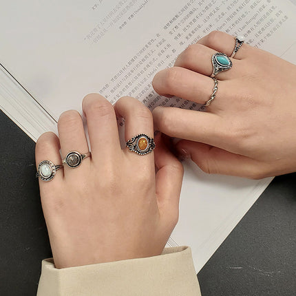 Juego De Anillos Con Diseño De Gemas De Colores De Aleación Chapado En Oro 14K