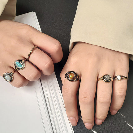 Juego De Anillos Con Diseño De Gemas De Colores De Aleación Chapado En Oro 14K