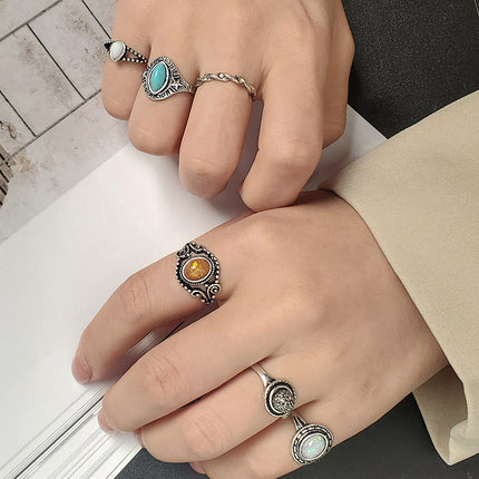 Juego De Anillos Con Diseño De Gemas De Colores De Aleación Chapado En Oro 14K