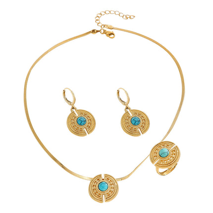 Conjunto De Pendientes, Collar Y Anillo Con Diseño Clásico Con Turquesa De Cobre Chapado En Oro 14K