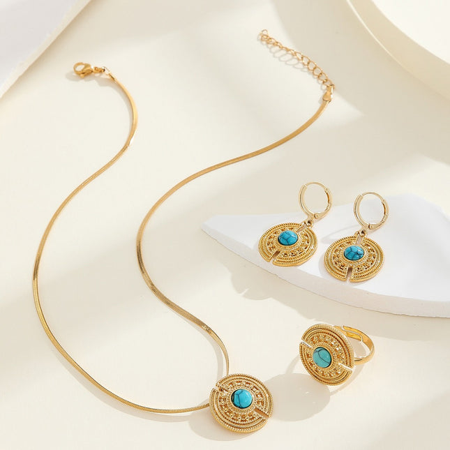 Conjunto De Pendientes, Collar Y Anillo Con Diseño Clásico Con Turquesa De Cobre Chapado En Oro 14K