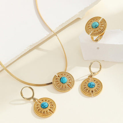 Conjunto De Pendientes, Collar Y Anillo Con Diseño Clásico Con Turquesa De Cobre Chapado En Oro 14K