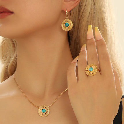 Conjunto De Pendientes, Collar Y Anillo Con Diseño Clásico Con Turquesa De Cobre Chapado En Oro 14K