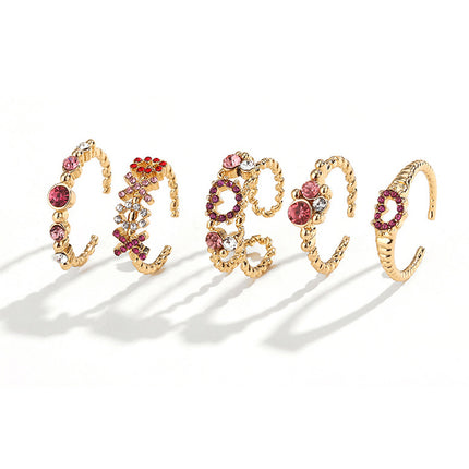 Juego De Anillos Con Diseño Abiertos Con Diamantes De Cobre Chapado En Oro 14K