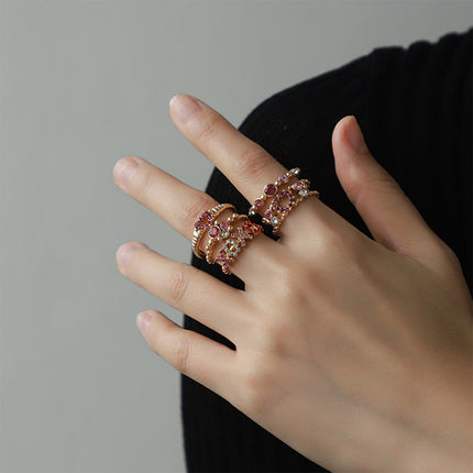Juego De Anillos Con Diseño Abiertos Con Diamantes De Cobre Chapado En Oro 14K