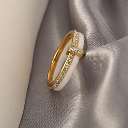 Anillo Con Diseño De Cerámica Y Diamantes Zirconia En Acero Inoxidable Chapado En Oro 18K