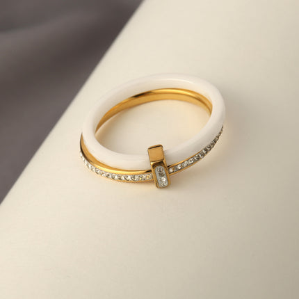 Anillo Con Diseño De Cerámica Y Diamantes Zirconia En Acero Inoxidable Chapado En Oro 18K