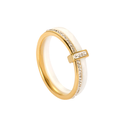 Anillo Con Diseño De Cerámica Y Diamantes Zirconia En Acero Inoxidable Chapado En Oro 18K