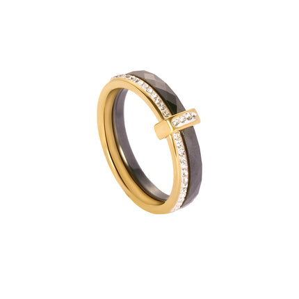 Anillo Con Diseño De Cerámica Y Diamantes Zirconia En Acero Inoxidable Chapado En Oro 18K