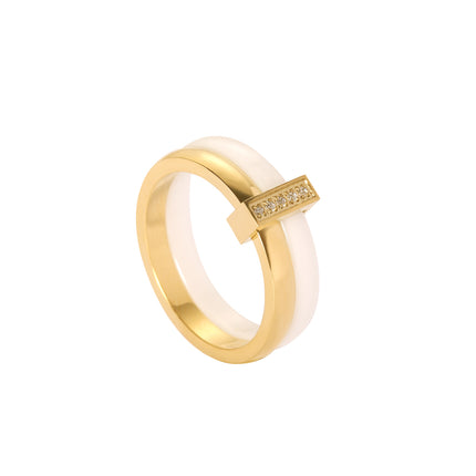 Anillo Con Diseño De Cerámica Y Diamantes Zirconia En Acero Inoxidable Chapado En Oro 18K