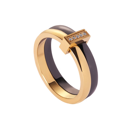 Anillo Con Diseño De Cerámica Y Diamantes Zirconia En Acero Inoxidable Chapado En Oro 18K