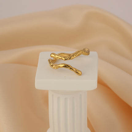 Anillo De Diseño Irregular Ajustable En Bambú Estilo De Acero Inoxidable Chapado En Oro 14K