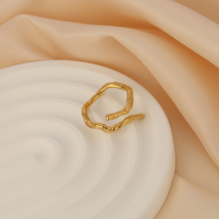 Anillo De Diseño Irregular Ajustable En Bambú Estilo De Acero Inoxidable Chapado En Oro 14K