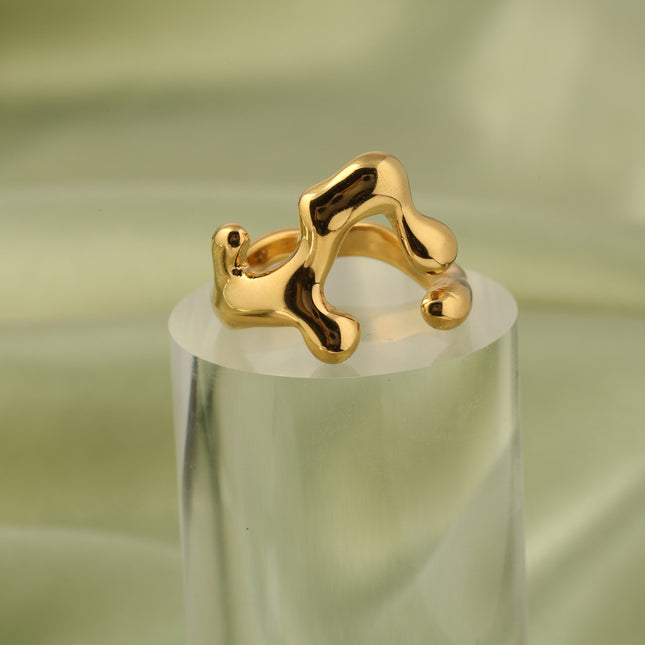 Anillo Ajustable Con Diseño Irregular  De Acero Inoxidable Chapado En Oro 14K