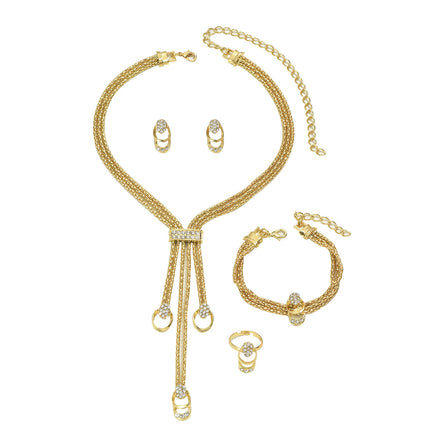 Conjunto De Pendientes, Pulsera, Collar Y Anillo Con Diseño Minimalista Y Diamantes De Aleación Chapado En Oro 14K
